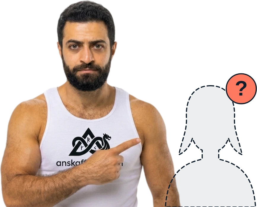Hikmat pointing at an empty silhouette with a question mark